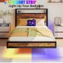 Single Bed Frame with Charging Station and LED Lights, Wood Headboard Image 4