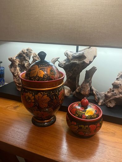 Vintage Khokhloma Hand Painted Wooden Tea & Sugar