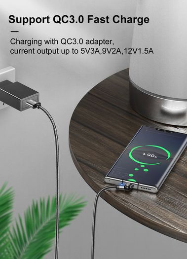 USLION 2M Micro USB QC 3.0-2.0 3A 180 Rotate+LED Cable Fast Charging & Data Sync Nylon Braided Cable (Brand New/Warranty)