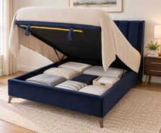 40% Off Retail | Navy Upholstered Ottoman Storage Bed Frame