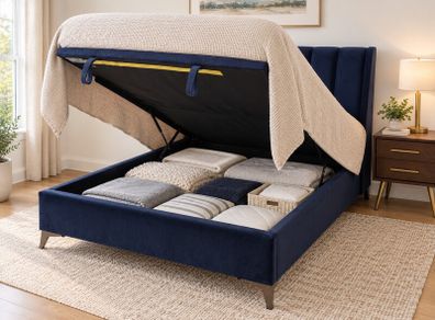 40% Off Retail | Navy Upholstered Ottoman Storage Bed Frame
