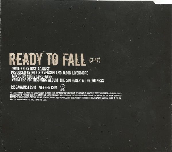 Rise Against "Ready To Fall" CD, Single, Promo