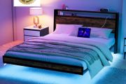 Double Size Floating Bed Frame with Wooden Headboard Storage, Brown Charging Station, LED Lights, Ergonomic 95-degree Headboard Angle, Heavy Duty Metal Slats, No Box Spring Needed