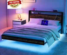 Double Size Floating Bed Frame with Wooden Headboard Storage, Brown Charging Station, LED Lights, Ergonomic 95-degree Headboard Angle, Heavy Duty Metal Slats, No Box Spring Needed