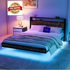 Double Size Floating Bed Frame with Wooden Headboard Storage, Brown Charging Station, LED Lights, Ergonomic 95-degree Headboard Angle, Heavy Duty Metal Slats, No Box Spring Needed