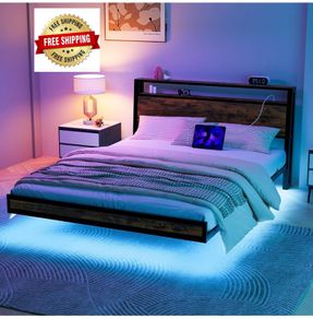 Double Size Floating Bed Frame with Wooden Headboard Storage, Brown Charging Station, LED Lights, Ergonomic 95-degree Headboard Angle, Heavy Duty Metal Slats, No Box Spring Needed