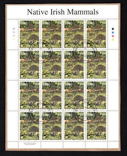 2002 Ireland Native Irish Mammals (41c Badger, 50c Otter, 57c Red Squirrel & E1 Hedgehog) Commemorative Stamp Sheetlet Fine Used with Dublin CDS cancel of 23rd April 2002 (Frist day of issued) on envelope extract.