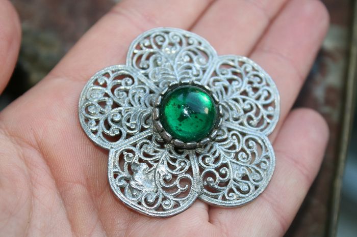 Vintage Silver Oval Eilat Stone Brooch