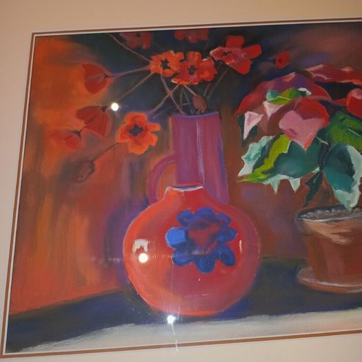 Framed "Still Life" Watercolour."Ponsettia Christmas Plant and Poppies"