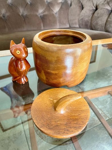 Vintage Apple Shaped Wood Jar Container Round Wooden Box 1960s 70s