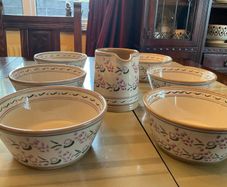 Nicholas Mosse new lavender 7 piece set , 6 bowls and a cylinder jug . Bowls are 6 inches in diameter and jug is 4 and a half inches in height
