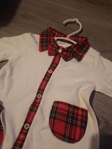 white and tartan babygro with matching hat