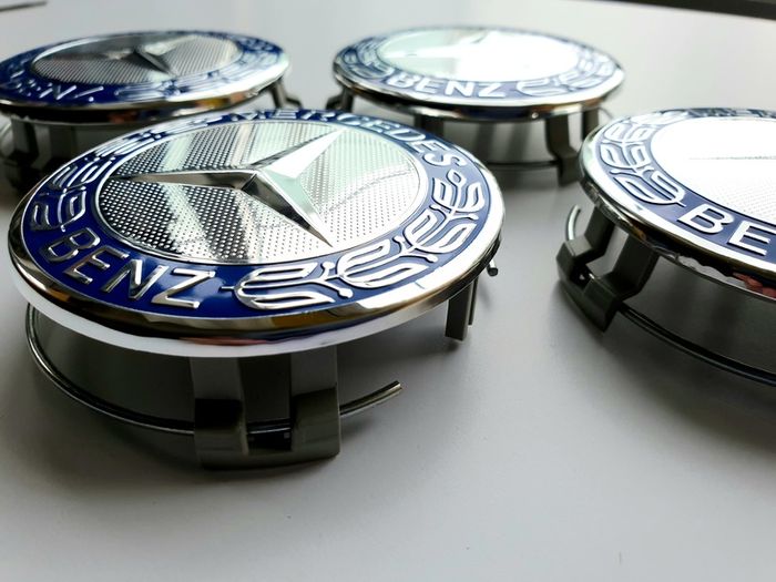 Mercedes Benz Classic 75mm Chrome / Blue 4 x Wheel Center Caps Cap Hub