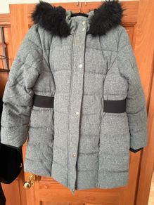 Grey winter coat with black faux fur hood trim) - size 16