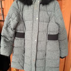 Grey winter coat with black faux fur hood trim) - size 16