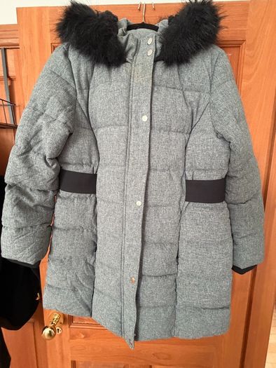 Grey winter coat with black faux fur hood trim) - size 16