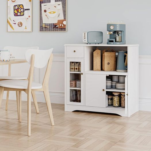 Kitchen Cupboard, White Kitchen Storage Cabinet with Doors, Microwave Counter and Adjustable Shelves, Modern Sideboard for Dining Room, Living Room, 90 x 40 x 82 cm