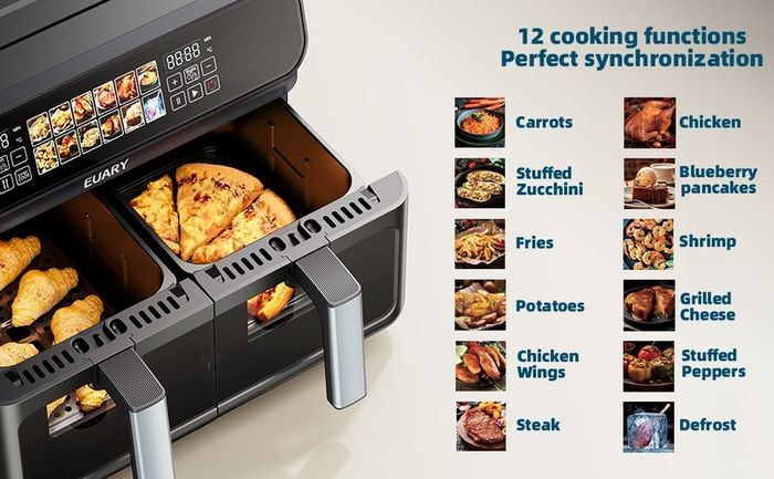 EUARY dual basket  Air Fryer 9L Oil Free 2 Compartments XXL 2800 W Large Capacity, 2 Air Fryer Bins, 12 Cooking Programs, Touch Screen, Appointment Function