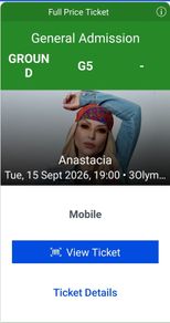 Anastacia Dublin Tusday Concert 1 Standing Ticket