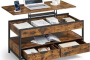 Coffee Table Height Adjustable Living Room Table Coffee Table with Drawers Open Compartment Vintage Brown Ink Black