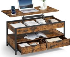 Coffee Table Height Adjustable Living Room Table Coffee Table with Drawers Open Compartment Vintage Brown Ink Black