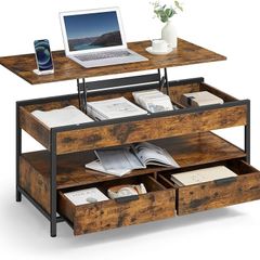 Coffee Table Height Adjustable Living Room Table Coffee Table with Drawers Open Compartment Vintage Brown Ink Black