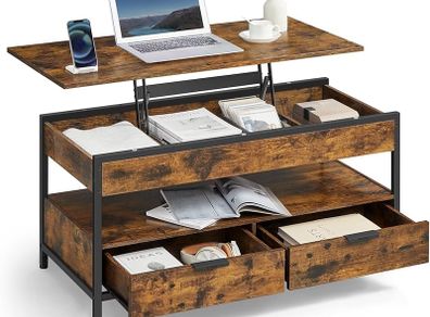 Coffee Table Height Adjustable Living Room Table Coffee Table with Drawers Open Compartment Vintage Brown Ink Black