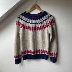 Superdry Vintage Nordic Knit Fair Isle Wool Blend Jumper Porridge/Red/Navy Sparkle Size XS