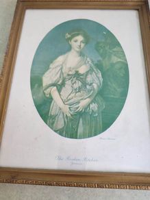 RARE FIND OLD ANTIQUE in Vintage Wooden and Gilded Plaster  J.B. GREUZE Print La Crunche Cassie The Broken Pitcher Florentine Frame With Painted Roses and Leaves