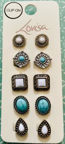 Lovisa Clip-On Earrings Set of 5 Pairs Gold, Silver and Turquoise Boho Vintage Style