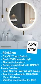 LED Bathroom Mirror 80cm Bluetooth Fog Free