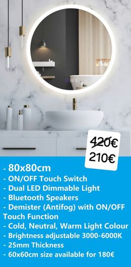 LED Bathroom Mirror Bluetooth Speakers Demister Antifog 80cm Ensuite Vanity Makeup Cosmetic