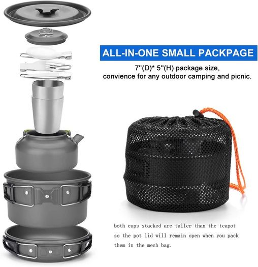 Camping Cooker Pan Set Aluminum Camping Cookware Kit for 2 People, Portable Outdoor Pot Pan Stove Kettle 2 Cups and Tableware - Backpacking Cookware for Picnic Trekking and Hiking
