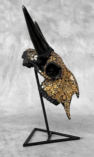 Mosaic-Embellished Real Goat Skull - Bone, Mosaic inlay