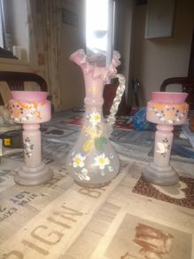 A Beautiful Genuine Pink Victorian Ewer and 2 Vases Floral Design