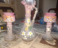 A Beautiful Genuine Pink Victorian Ewer and 2 Vases Floral Design
