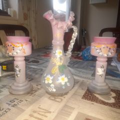 A Beautiful Genuine Pink Victorian Ewer and 2 Vases Floral Design