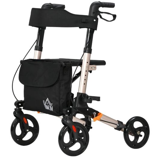 Wheel Rollator with Seat and Back, Folding Mobility Walker with Carry Bag, Adjustable Height, Dual Brakes, Cane Holder, Lightweight Aluminium Walking Frame for Seniors and Disabled, Gold Tone