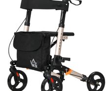 Wheel Rollator with Seat and Back, Folding Mobility Walker with Carry Bag, Adjustable Height, Dual Brakes, Cane Holder, Lightweight Aluminium Walking Frame for Seniors and Disabled, Gold Tone