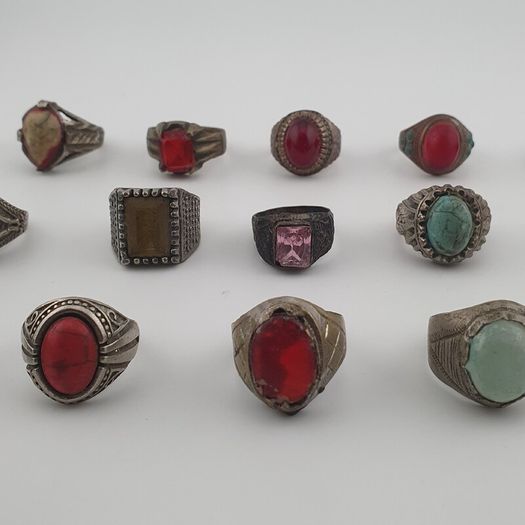 Lot of 15 Antique Tribal Style Brass Rings Mixed Stone & Colourful Glass