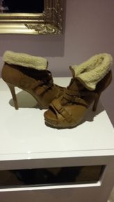 Worn Once. Shearling, open toe tan boot.