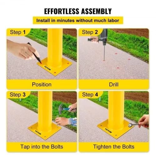 Safety Bollard, 42 Inch Height Bollard Post, 5.5 Inch Diameter Steel Pipe Safety Bollard Post, Yellow Steel Bollard, Steel Safety Bollard with 8 Anchor Bolts,