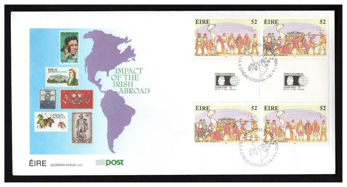 1992 Ireland Immigrants to the Americas Commemorative Stamps Gutter Pair with Stamp Expo 92 logo in the Gutter An Post First Day Cover (FDC)
