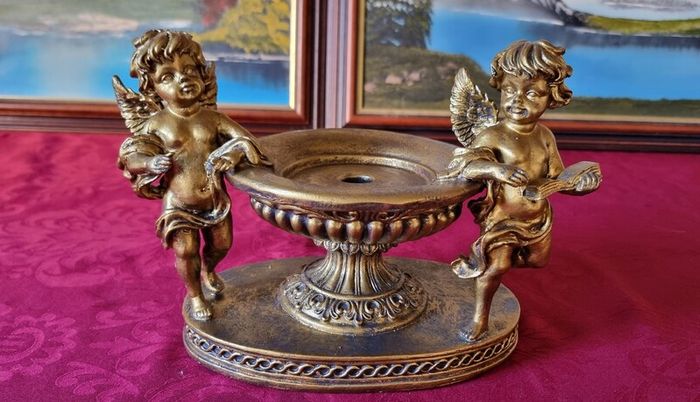 Antique Cherub Gold Effect Ornamental Pedestal Metal Candle Holder Pedestal Stand Made In Spain