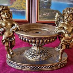 Antique Cherub Gold Effect Ornamental Pedestal Metal Candle Holder Pedestal Stand Made In Spain