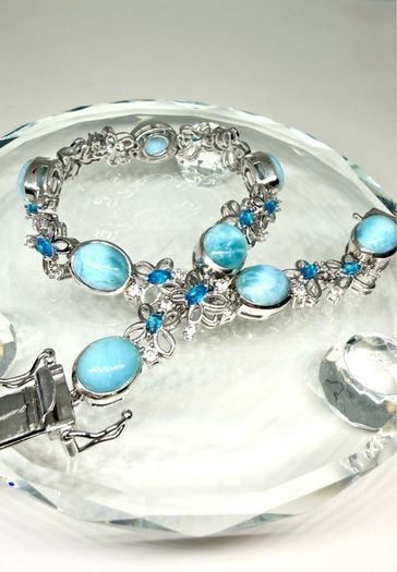 Silver bracelet Larimar & Neon Apatite Cluster Bracelet