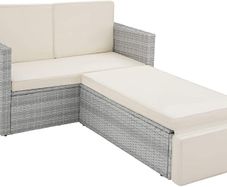Poly Rattan Lounge Set, 2-Seater Sofa with Backrest, Large Stool with Folding Support, Incl. Thick Cushions, Garden Furniture Set for Garden and Terrace