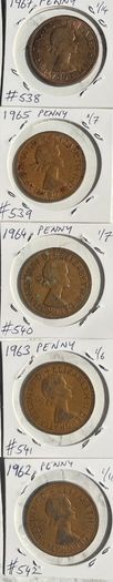 Queen Elizabeth II Pennies 1962, 1963, 1964, 1965, 1967