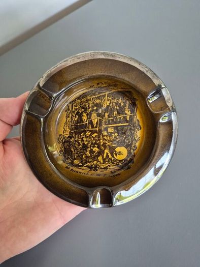 vintage ceramic ashtray featuring a scene titled "Mr Pickwick at the Election" from the Charles Dickens novel The Pickwick Papers