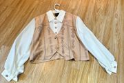Vintage 80s 90s Style Cropped Waistcoat Blouse Beige &amp; Cream XL / 42 / 14